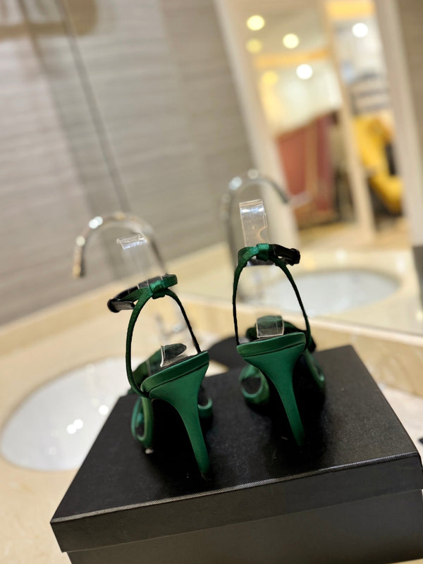 SL IVY FLORAL HEEL SANDALS DARK GREEN SATIN