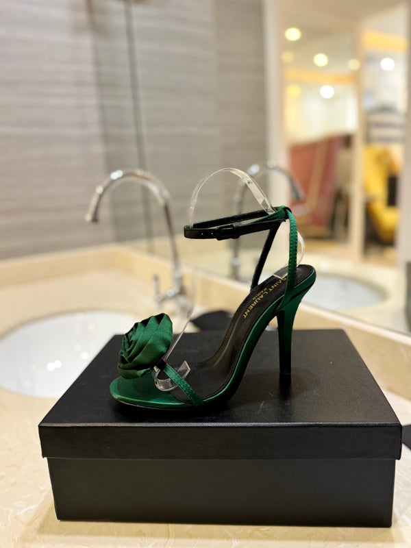 SL IVY FLORAL HEEL SANDALS DARK GREEN SATIN