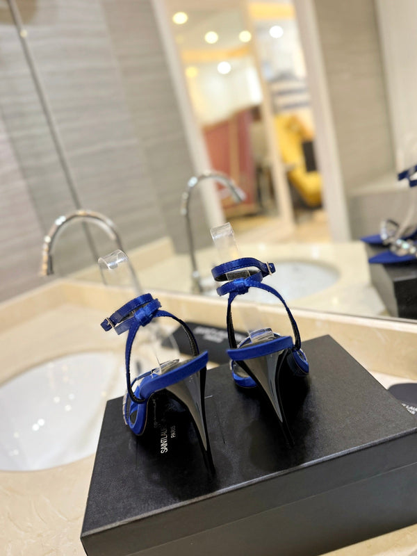 SL RHINESTONE HEELED SANDALS COBALT SATIN