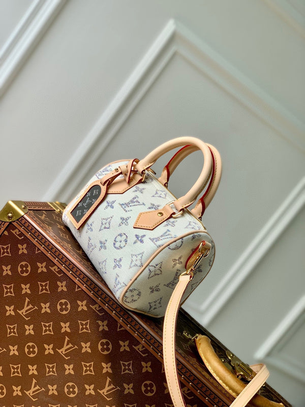 Lv Speedy Bandouliere 20 Beige Leather White Monogram jacquard fabric