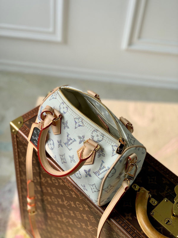 Lv Speedy Bandouliere 20 Beige Leather White Monogram jacquard fabric