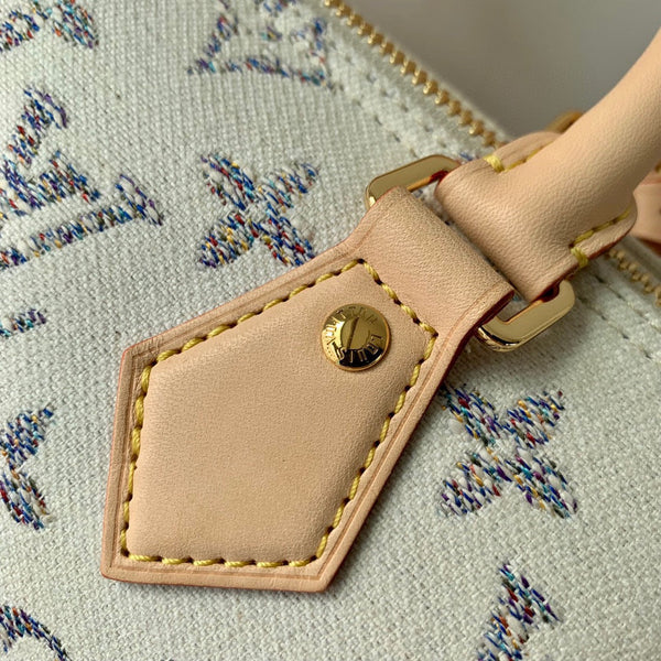 Lv Speedy Bandouliere 20 Beige Leather White Monogram jacquard fabric