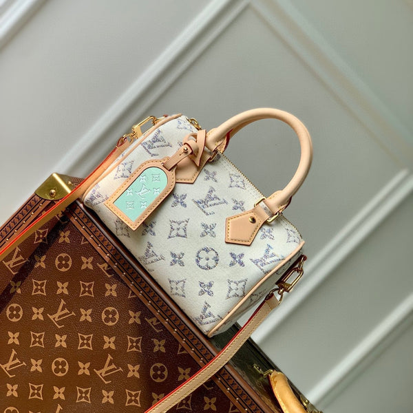 Lv Speedy Bandouliere 20 Beige Leather White Monogram jacquard fabric