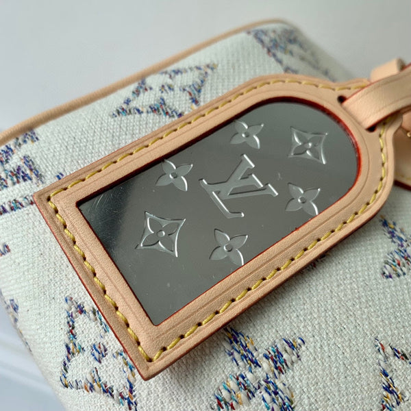 Lv Speedy Bandouliere 20 Beige Leather White Monogram jacquard fabric