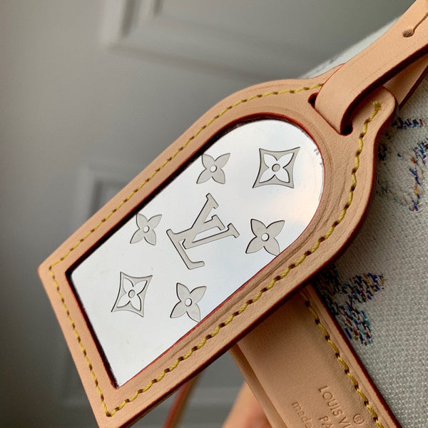 Nano Noe 13x16x10 Beige Leather White Monogram jacquard fabric