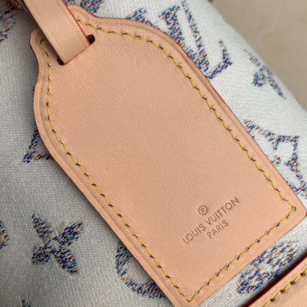 Nano Noe 13x16x10 Beige Leather White Monogram jacquard fabric