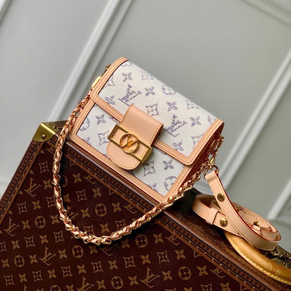 Lv Dauphine 20 Beige Leather White Monogram jacquard fabric