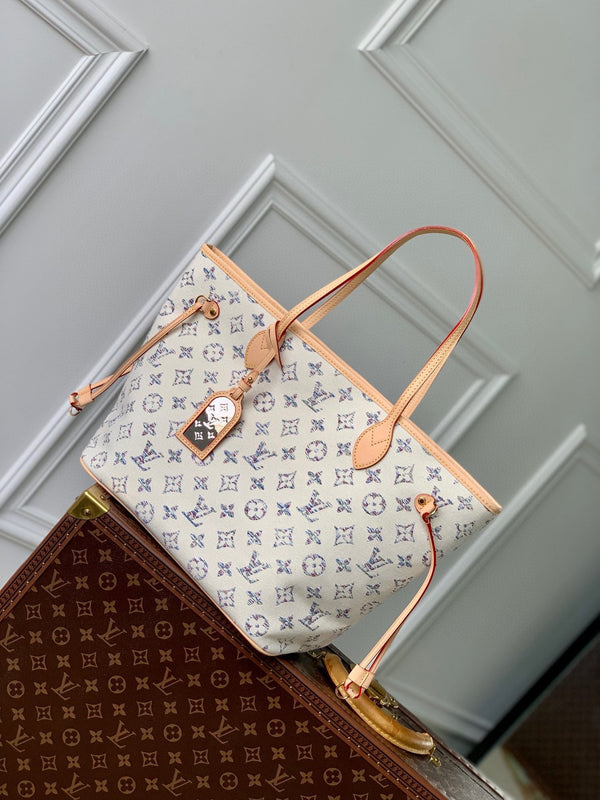 Lv Neverfull MM Beige Leather White Monogram jacquard fabric