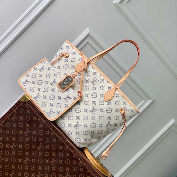 Lv Neverfull MM Beige Leather White Monogram jacquard fabric