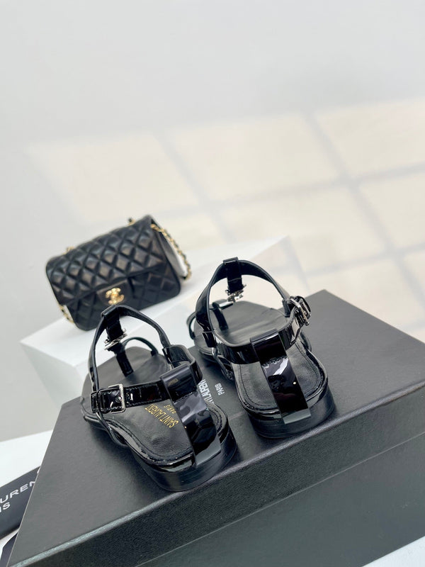 SL Cassandra Flat Sandals Black Patent Leather