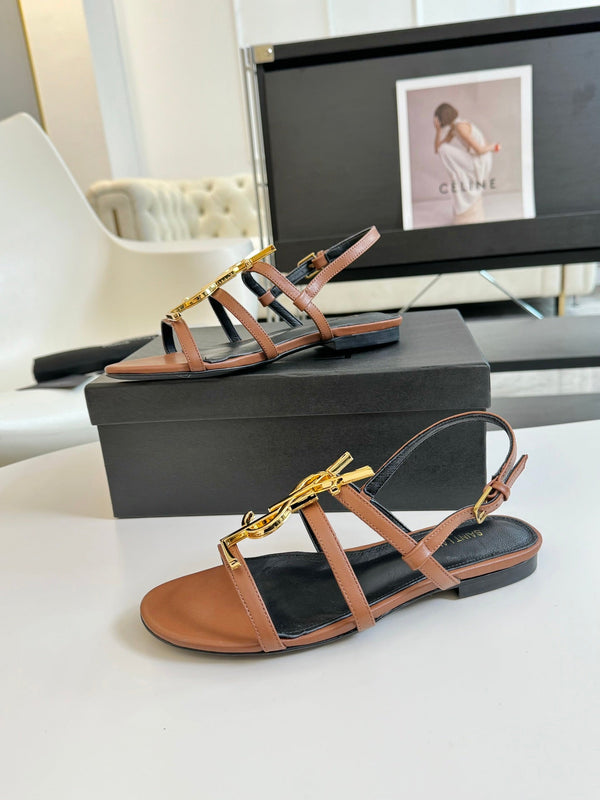 Sandali da donna con fibbia Yves SL in pelle nera e marrone chiaro