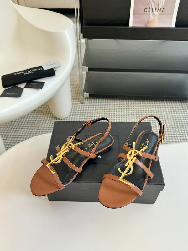 Sandali da donna con fibbia Yves SL in pelle nera e marrone chiaro