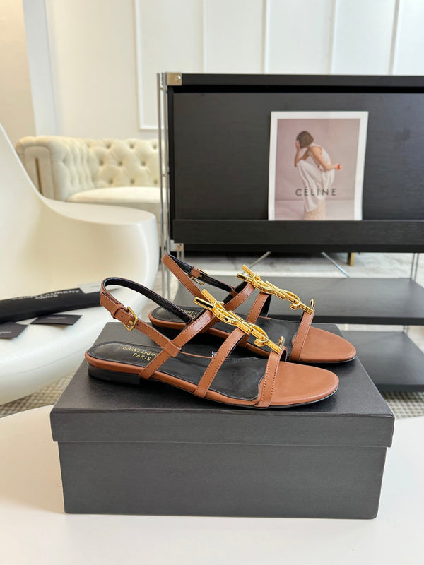 Sandali da donna con fibbia Yves SL in pelle nera e marrone chiaro