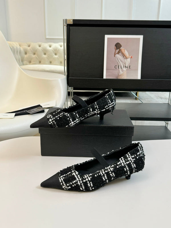 CC MARY JANE IN BLACK MIX WHITE WOOL TWEED