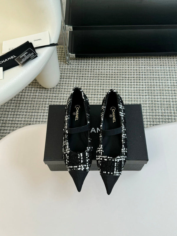 CC MARY JANE IN BLACK MIX WHITE WOOL TWEED