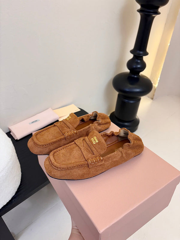 Miu 25C Ruches nappa Loafers Copper Brown Suede 235807
