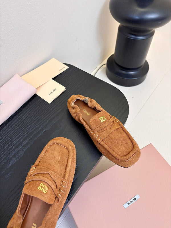 Miu 25C Ruches nappa Loafers Copper Brown Suede 235807