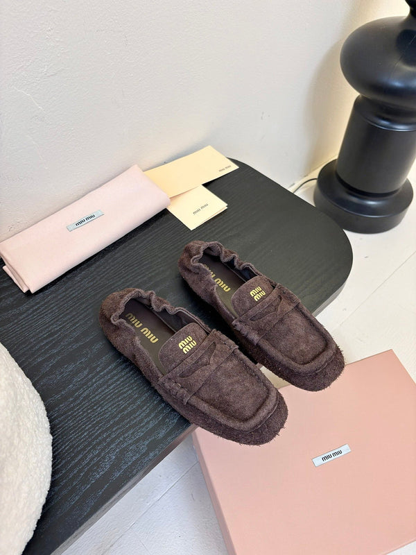 Miu 25C Ruches nappa Loafers Brown Suede 235808