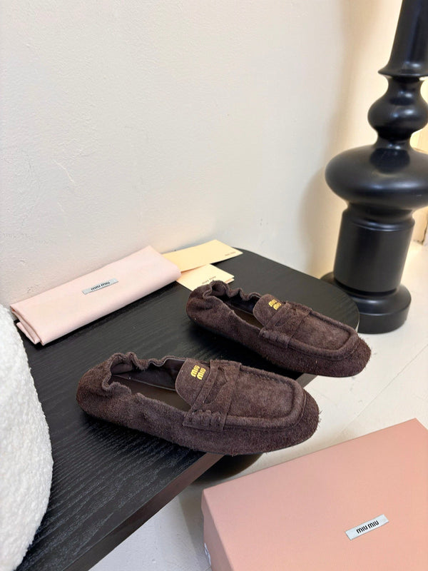Miu 25C Ruches nappa Loafers Brown Suede 235808