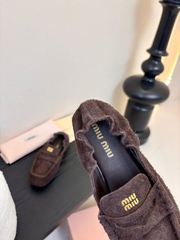 Miu 25C Ruches nappa Loafers Brown Suede 235808
