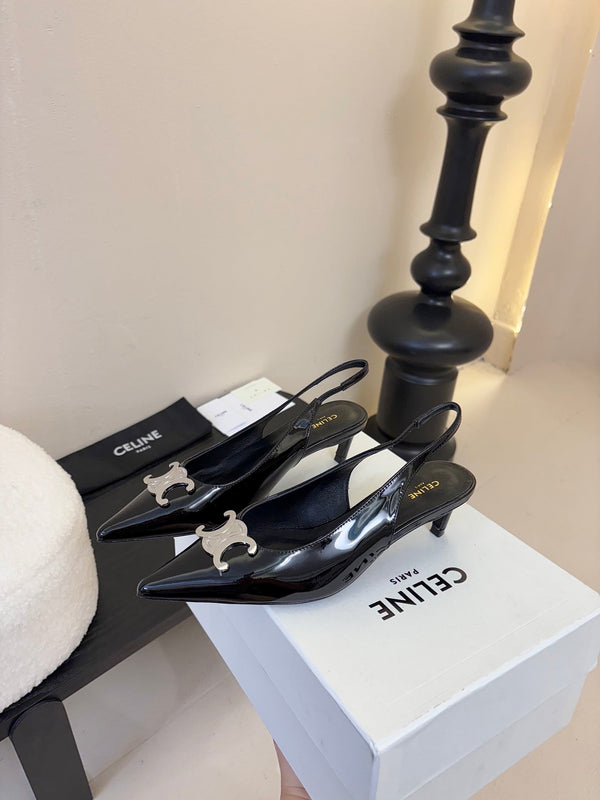 CELINE Alma Triomphe Slingback in pelle di vitello verniciata nera 235705