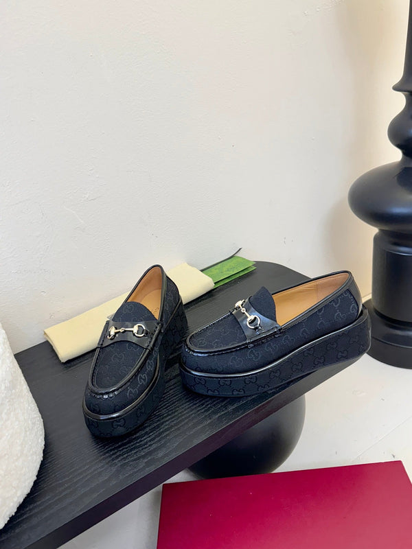 GC 2025 Horsebit Wedge Loafer Navy Blue Canvas Cowhide 296841