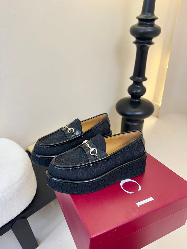 GC 2025 Horsebit Wedge Loafer Navy Blue Canvas Cowhide 296841