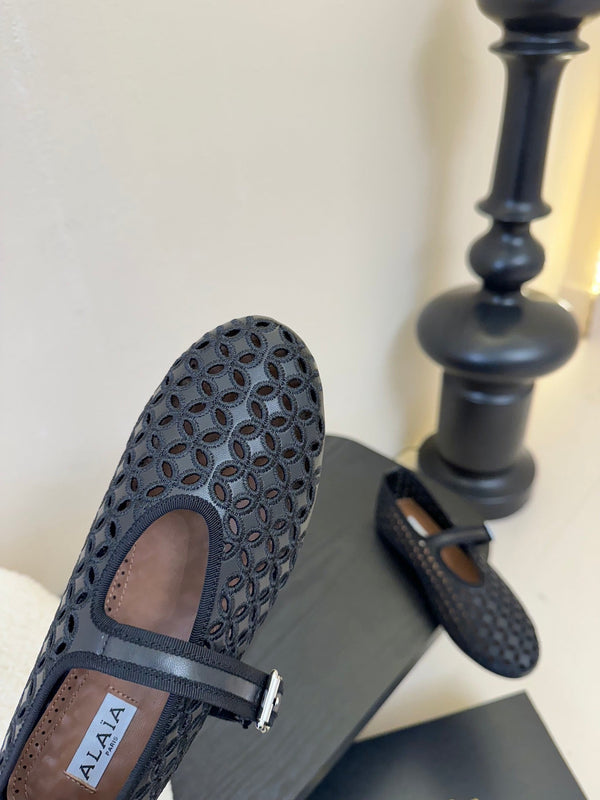 Alaia 25 Mary Jane Mesh Ballet Flats Black Calfskin 297034