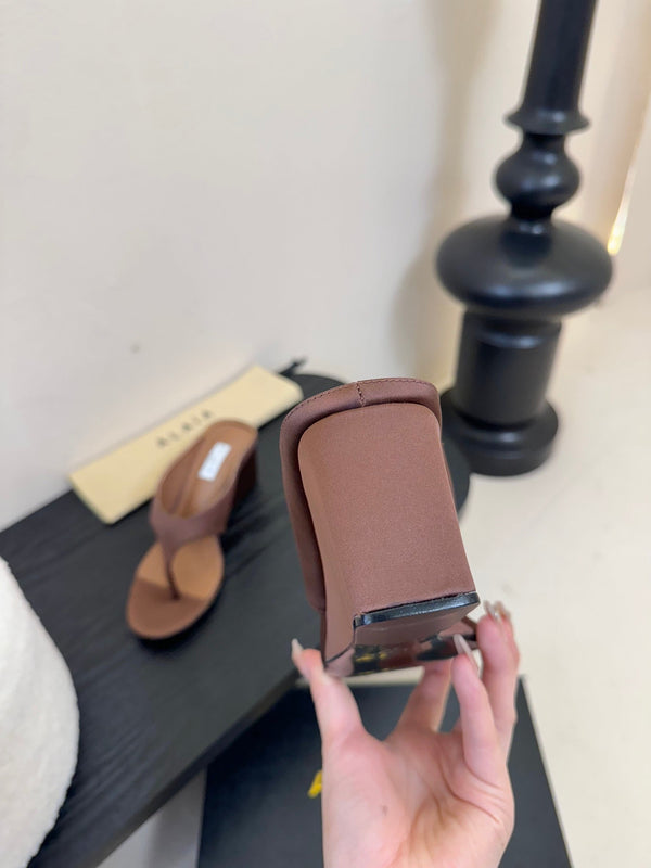 Alaia 25 Cube Thong Mules Brown Satin Sheepskin 297040