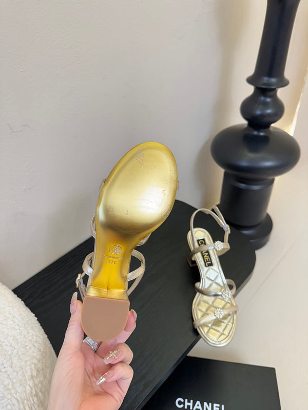 CC 25SS 3 Flowers Heel Sandals 60mm Gold Metallic Sheepskin 351433