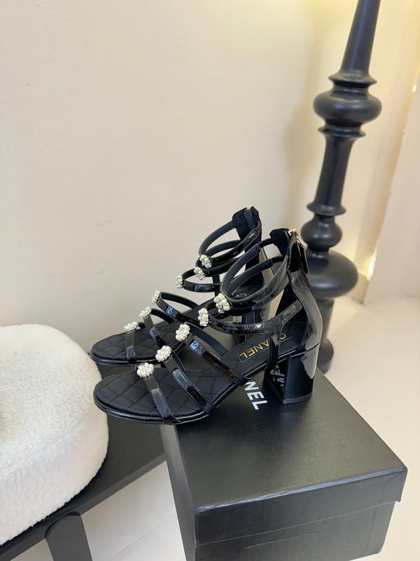 CC 25SS Camellia Multi Straps Heel Sandal 60mm Black Sheepskin 351434