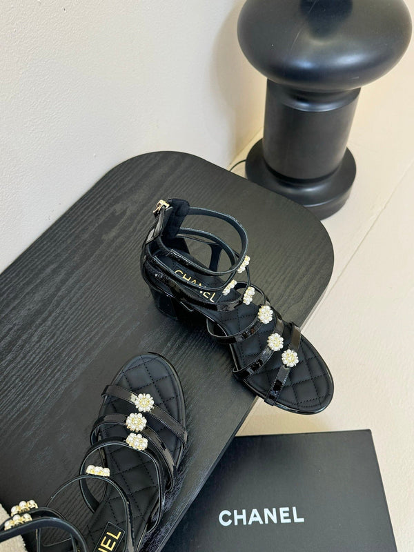 CC 25SS Camellia Multi Straps Heel Sandal 60mm Black Sheepskin 351434