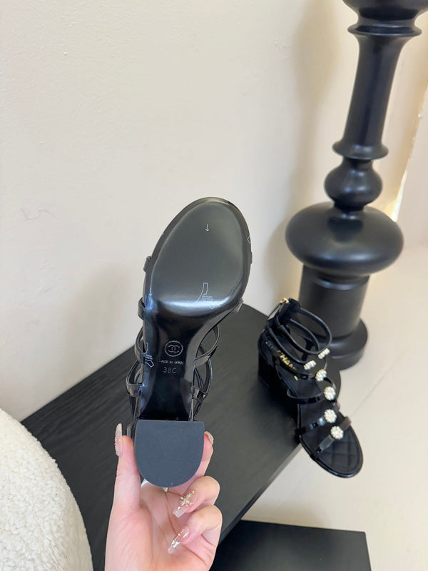 CC 25SS Camellia Multi Straps Heel Sandal 60mm Black Sheepskin 351434