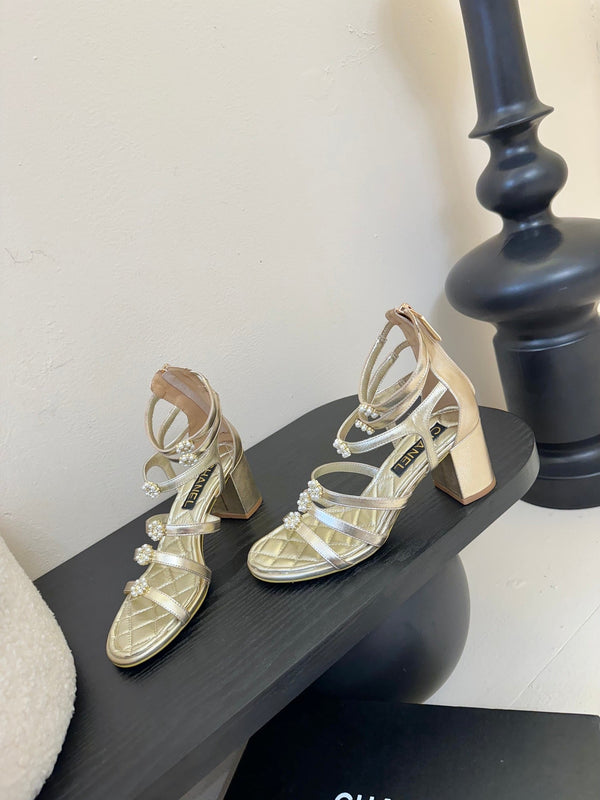 CC 25SS Camellia Multi Straps Heel Sandal 60mm Gold Metallic Sheepskin 351435