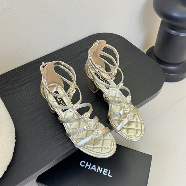 CC 25SS Camellia Multi Straps Heel Sandal 60mm Gold Metallic Sheepskin 351435