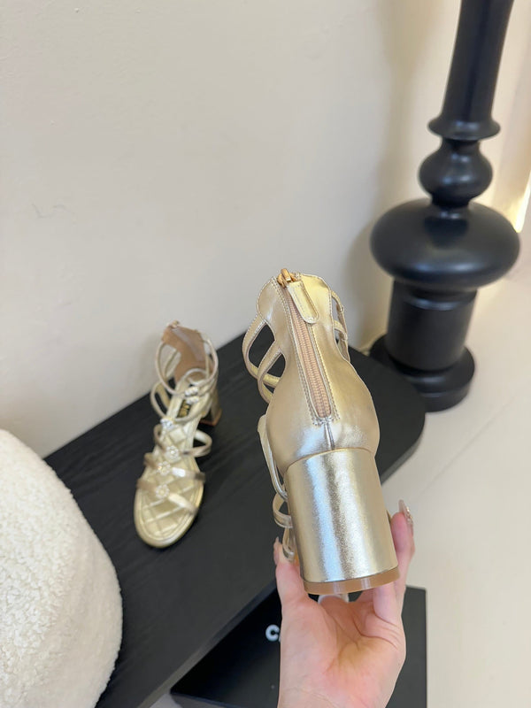 CC 25SS Camellia Multi Straps Heel Sandal 60mm Gold Metallic Sheepskin 351435