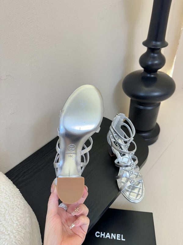 CC 25SS Camellia Multi Straps Heel Sandal 60mm Silver Metallic Sheepskin 351436