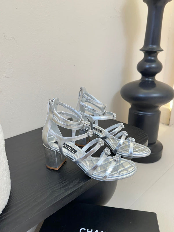 CC 25SS Camellia Multi Straps Heel Sandal 60mm Silver Metallic Sheepskin 351436