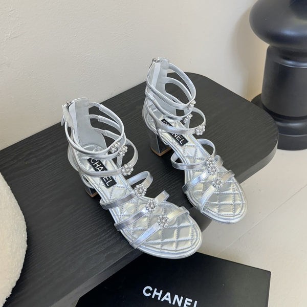 CC 25SS Camellia Multi Straps Heel Sandal 60mm Silver Metallic Sheepskin 351436