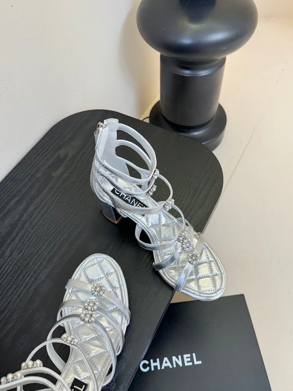 CC 25SS Camellia Multi Straps Heel Sandal 60mm Silver Metallic Sheepskin 351436