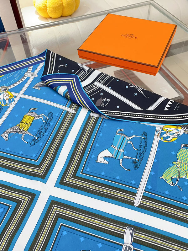 Couvertures Et Tenues De Jour Double Face Scarf 90 CM In Blue Mix Black Colorful Silk 190031