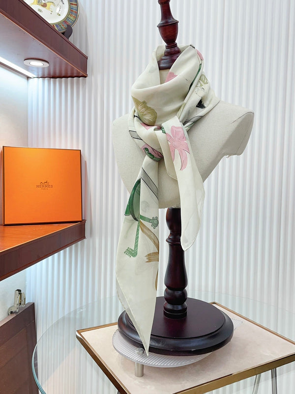 Scarf 110 CM In White Colorful Voile Silk 193825