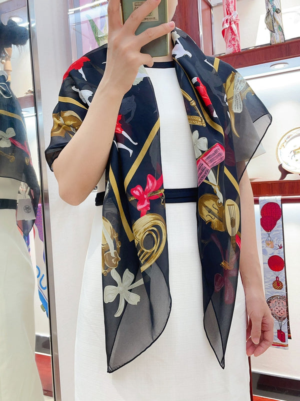 Scarf 110 CM In Black Colorful Voile Silk 193826