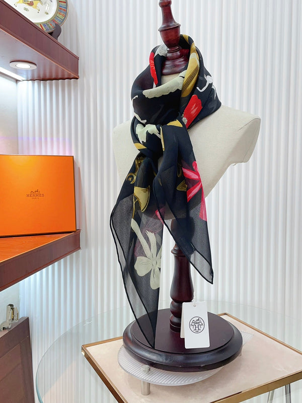 Scarf 110 CM In Black Colorful Voile Silk 193826