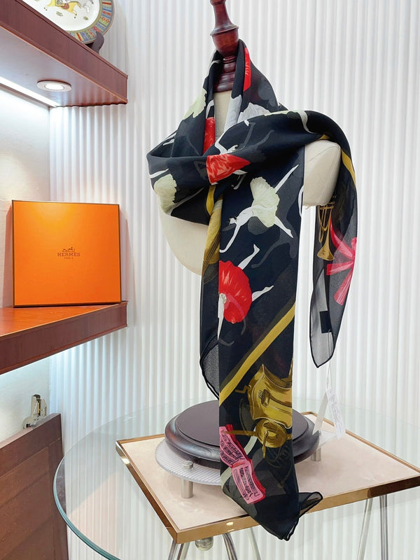 Scarf 110 CM In Black Colorful Voile Silk 193826