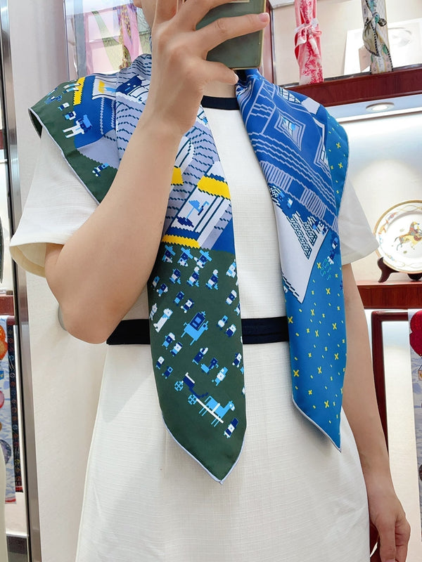 Faubourg Party Scarf 90 CM In Blue Colorful Silk Twill  198582