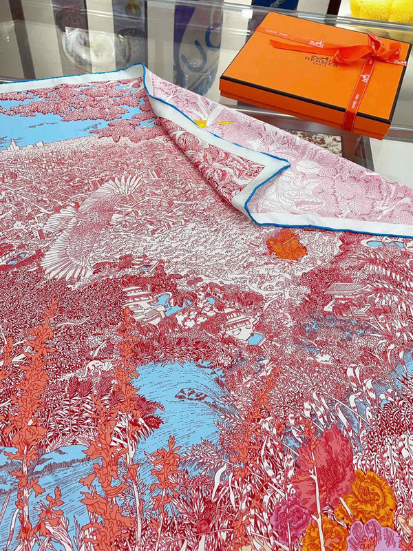 Retour A La Nature Shawl 90 CM In Pink Colorful Silk Twill 198584