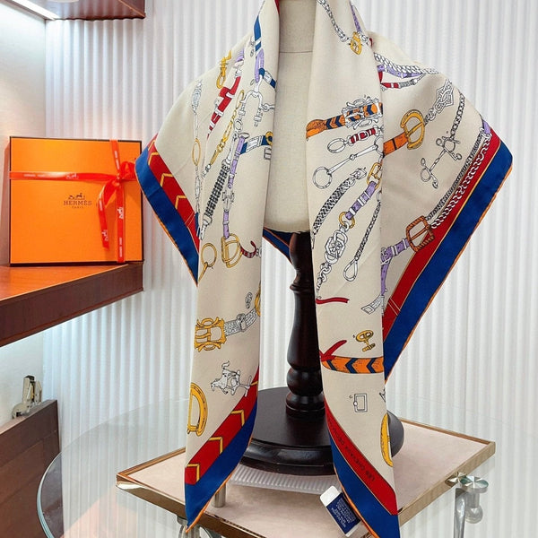 Chevaux Dechaines Shawl 90 CM In White Red Colorful Silk Twill 201031