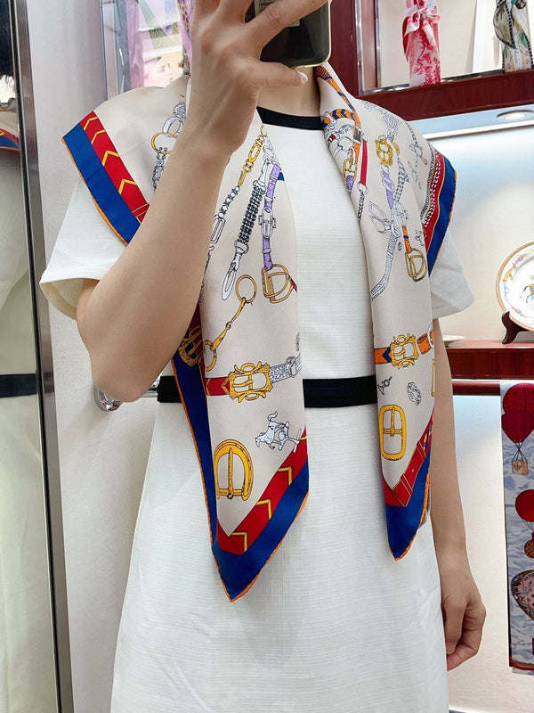 Chevaux Dechaines Shawl 90 CM In White Red Colorful Silk Twill 201031