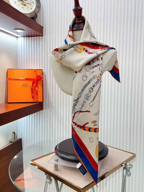 Chevaux Dechaines Shawl 90 CM In White Red Colorful Silk Twill 201031